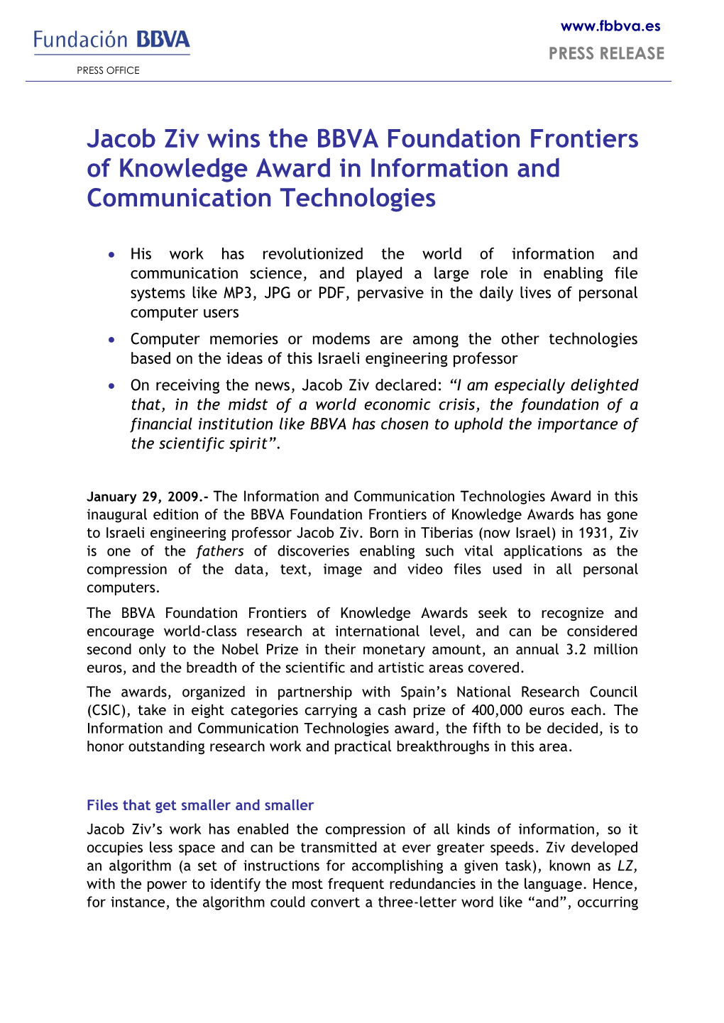 Jacob Ziv Wins the BBVA Foundation Frontiers of Knowledge Award in Information and Communication Technologies