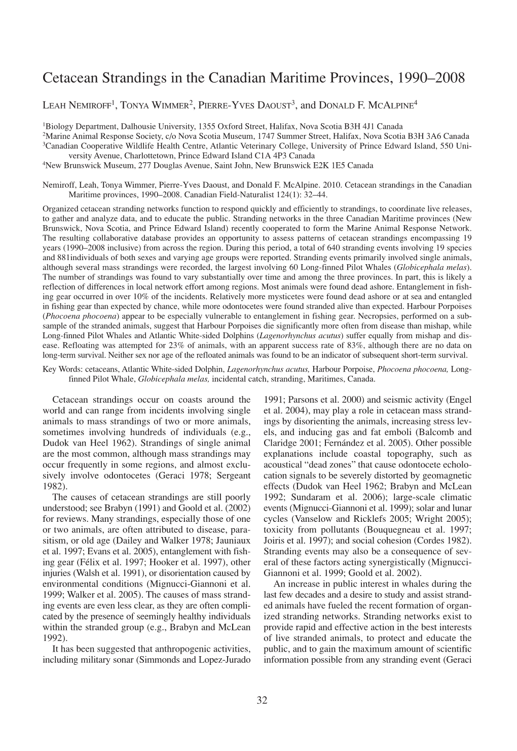 Cetacean Strandings in the Canadian Maritime Provinces, 1990–2008