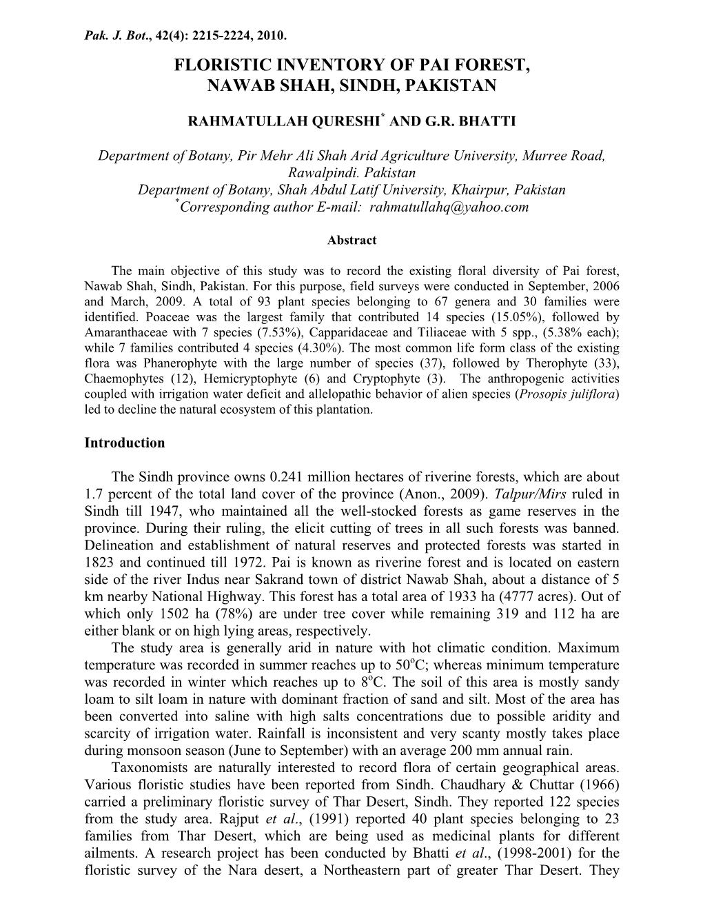 Floristic Inventory of Pai Forest, Nawab Shah, Sindh, Pakistan