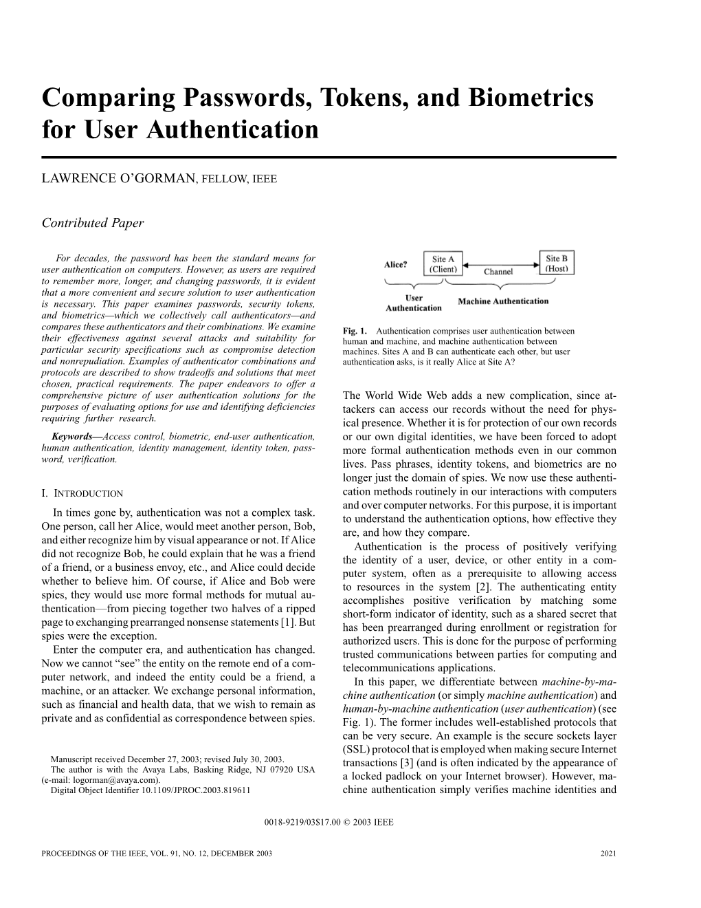 Comparing Passwords, Tokens, and Biometrics for User Authentication