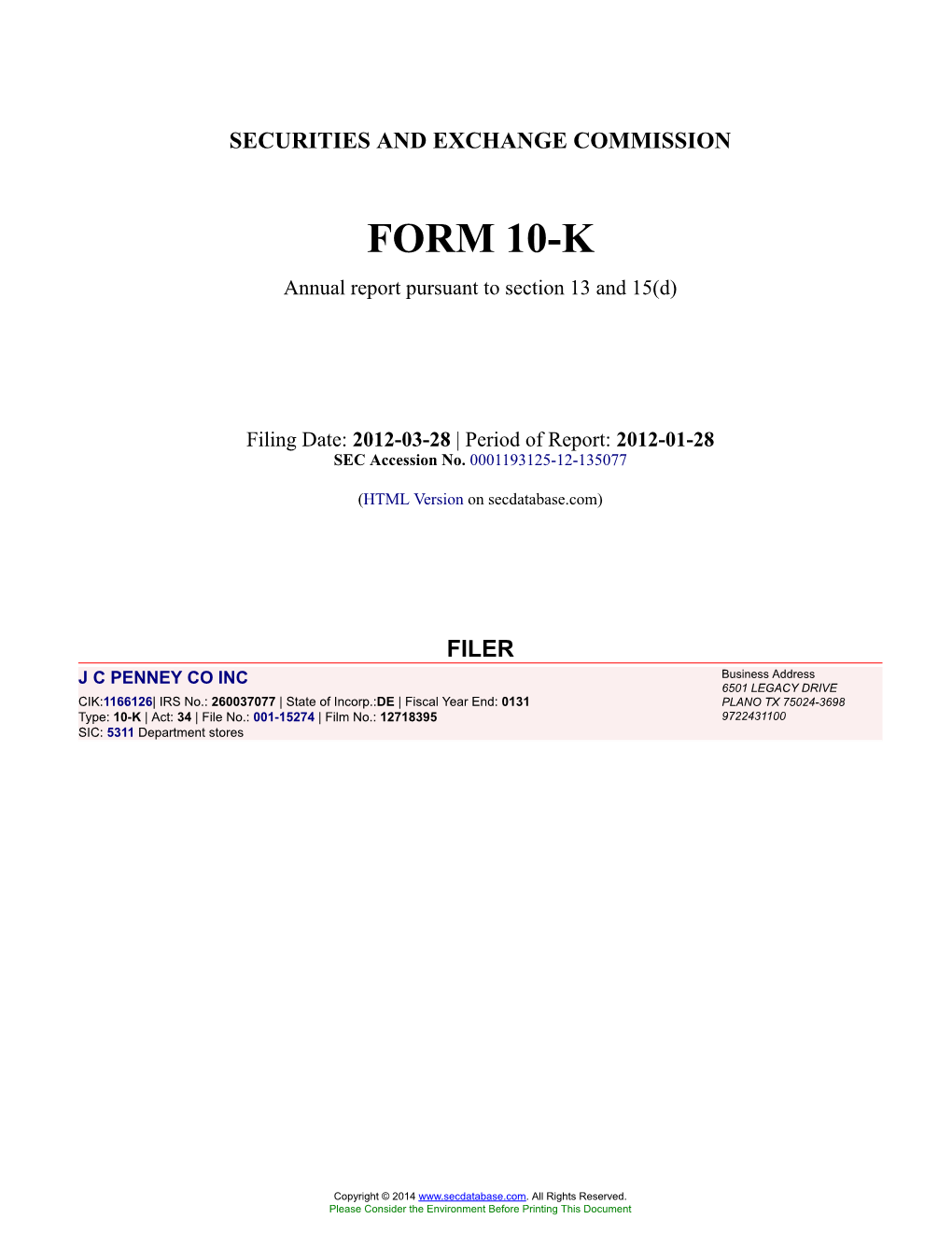 J C PENNEY CO INC Form 10-K Annual Report Filed 2012-03-28