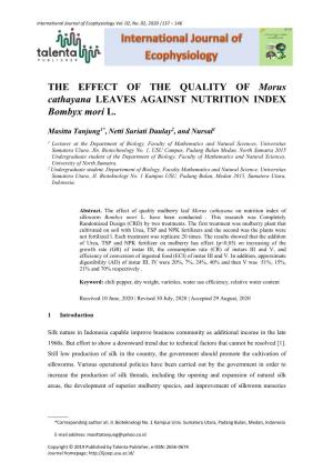 THE EFFECT of the QUALITY of Morus Cathayana LEAVES AGAINST NUTRITION INDEX Bombyx Mori L