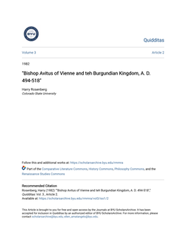 "Bishop Avitus of Vienne and Teh Burgundian Kingdom, A. D. 494-518"