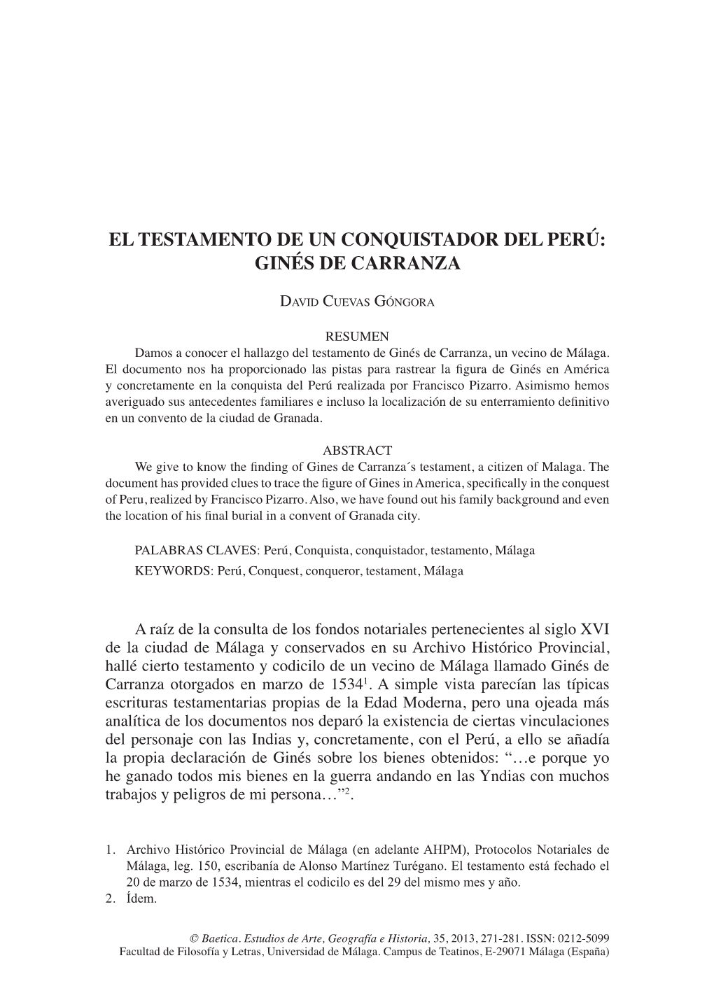 271 El Testamento De Un Conquistador Del Perú: Ginés De Carranza