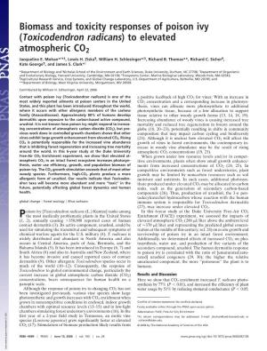 Biomass and Toxicity Responses of Poison Ivy (Toxicodendron Radicans) to Elevated Atmospheric CO2 Jacqueline E