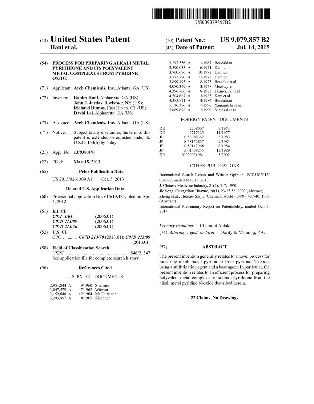 (12) United States Patent (10) Patent No.: US 9,079,857 B2 Hani Et Al