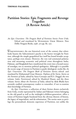 Partition Stories: Epic Fragments and Revenge Tragedies (A Review Article)