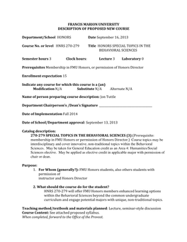 FRANCIS MARION UNIVERSITY DESCRIPTION of PROPOSED NEW COURSE Department/School H