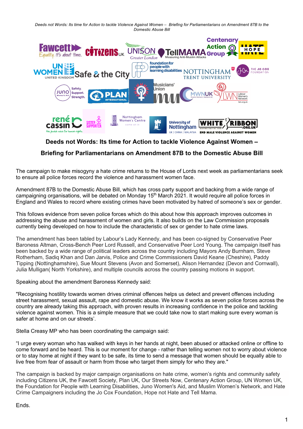 Its Time for Action to Tackle Violence Against Women – Briefing for Parliamentarians on Amendment 87B to the Domestic Abuse Bill