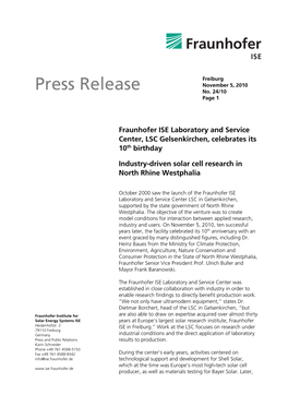 Press Release: Fraunhofer ISE Laboratory and Service Center, LSC Gelsenkirchen, Celebrates Its 10Th Birthday