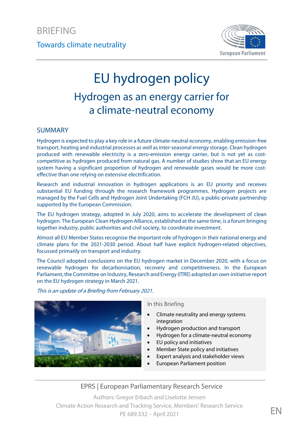 EU Hydrogen Policy Hydrogen As an Energy Carrier for a Climate-Neutral Economy