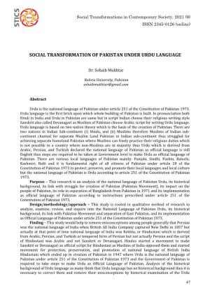 Social Transformation of Pakistan Under Urdu Language