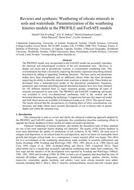 Weathering of Silicate Minerals in Soils and Watersheds: Parameterization of the Weathering Kinetics Module in the PROFILE and Forsafe Models