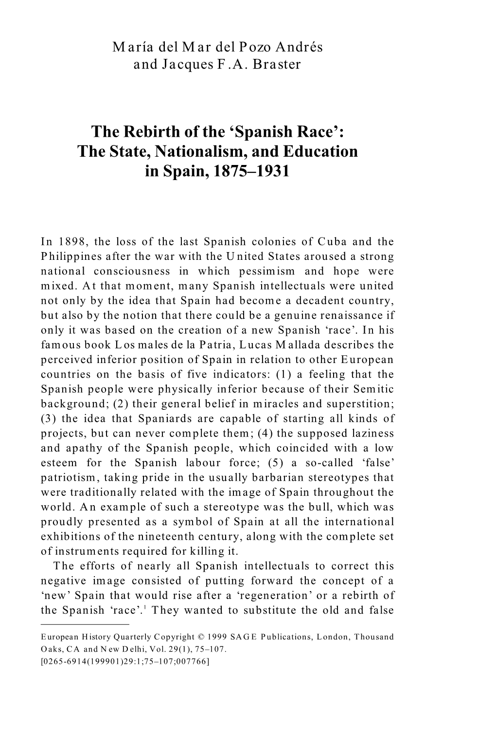 The Rebirth of the 'Spanish Race': the State, Nationalism, and Education