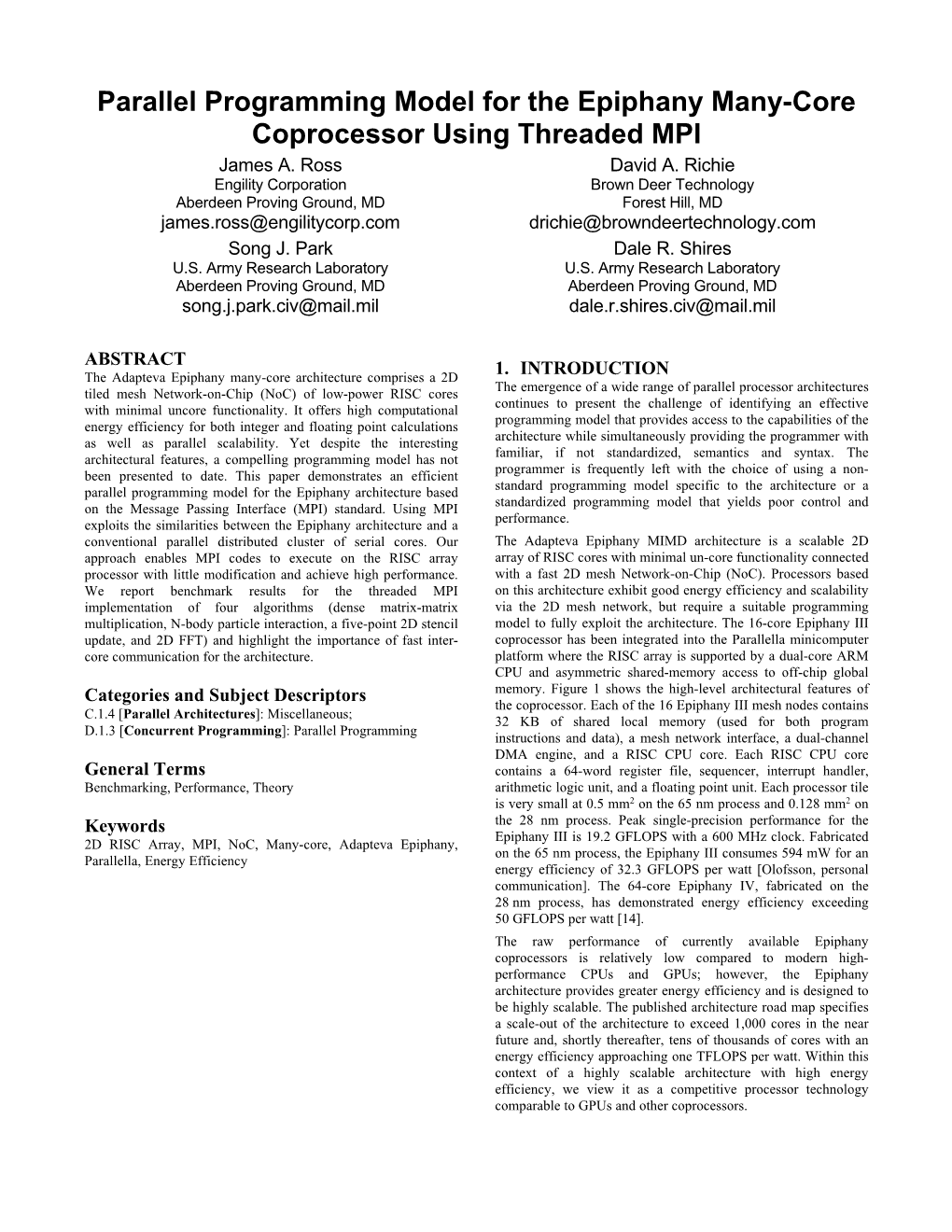 Parallel Programming Model for the Epiphany Many-Core Coprocessor Using Threaded MPI James A