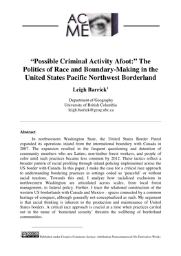 Possible Criminal Activity Afoot:” the Politics of Race and Boundary-Making in the United States Pacific Northwest Borderland