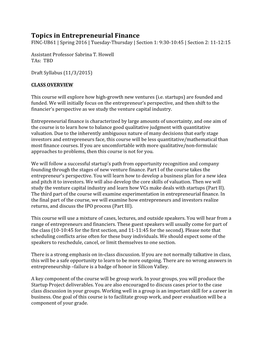 Topics in Entrepreneurial Finance FINC-UB61 | Spring 2016 | Tuesday-Thursday | Section 1: 9:30-10:45 | Section 2: 11-12:15