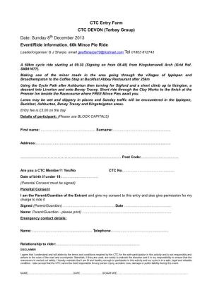 CTC Entry Form CTC DEVON (Torbay Group) Date: Sunday 8Th December 2013 Event/Ride Information