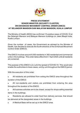 Press Statement Senior Minister (Security Cluster) on Enhanced Movement Control Order (Emco) at Selangor Mansion Dan Malayan Mansion, Kuala Lumpur