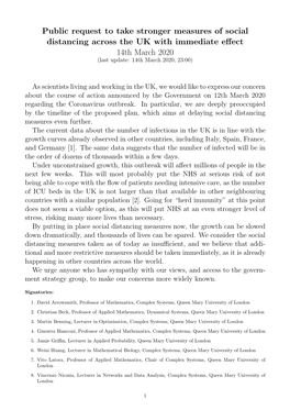 Public Request to Take Stronger Measures of Social Distancing Across the UK with Immediate Eﬀect 14Th March 2020 (Last Update: 14Th March 2020, 23:00)