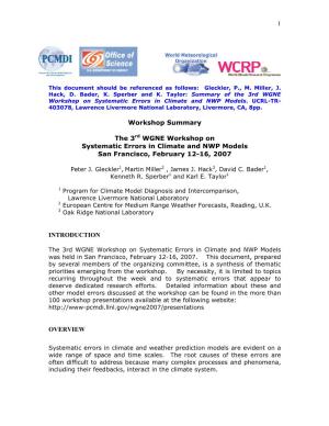 Summary of the 3Rd WGNE Workshop on Systematic Errors in Climate and NWP Models