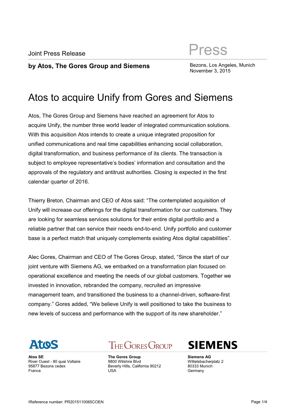 Atos to Acquire Unify from Gores and Siemens