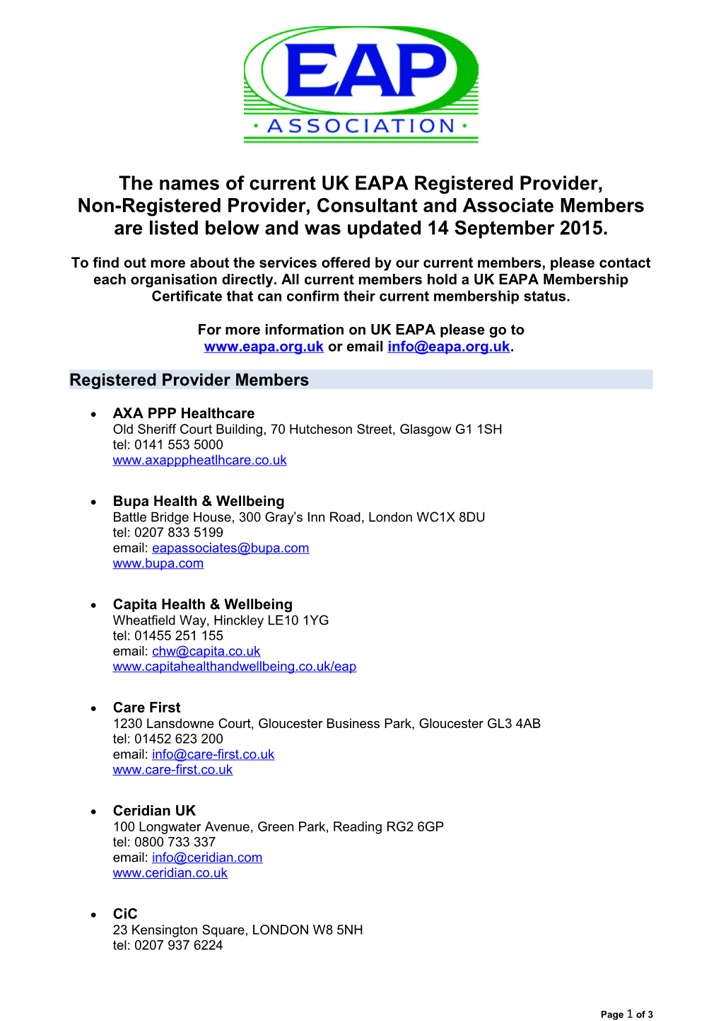 The Names of Current UK EAPA Registered Provider