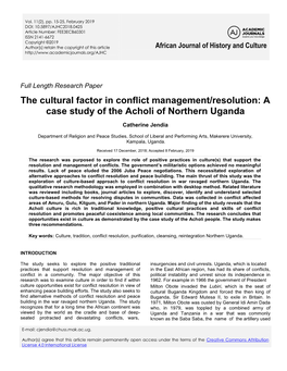 The Cultural Factor in Conflict Management/Resolution: a Case Study of the Acholi of Northern Uganda