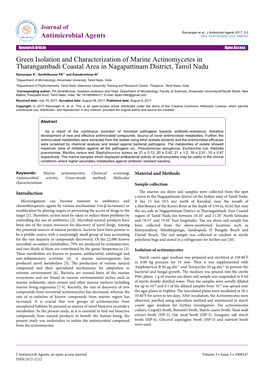 Green Isolation and Characterization of Marine Actinomycetes in Tharangambadi Coastal Area in Nagapattinam District, Tamil Nadu