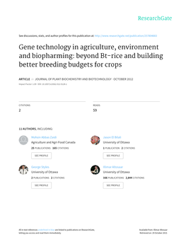 Gene Technology in Agriculture, Environment and Biopharming: Beyond Bt-Rice and Building Better Breeding Budgets for Crops
