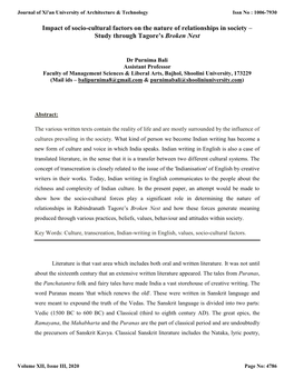 Impact of Socio-Cultural Factors on the Nature of Relationships in Society – Study Through Tagore’S Broken Nest