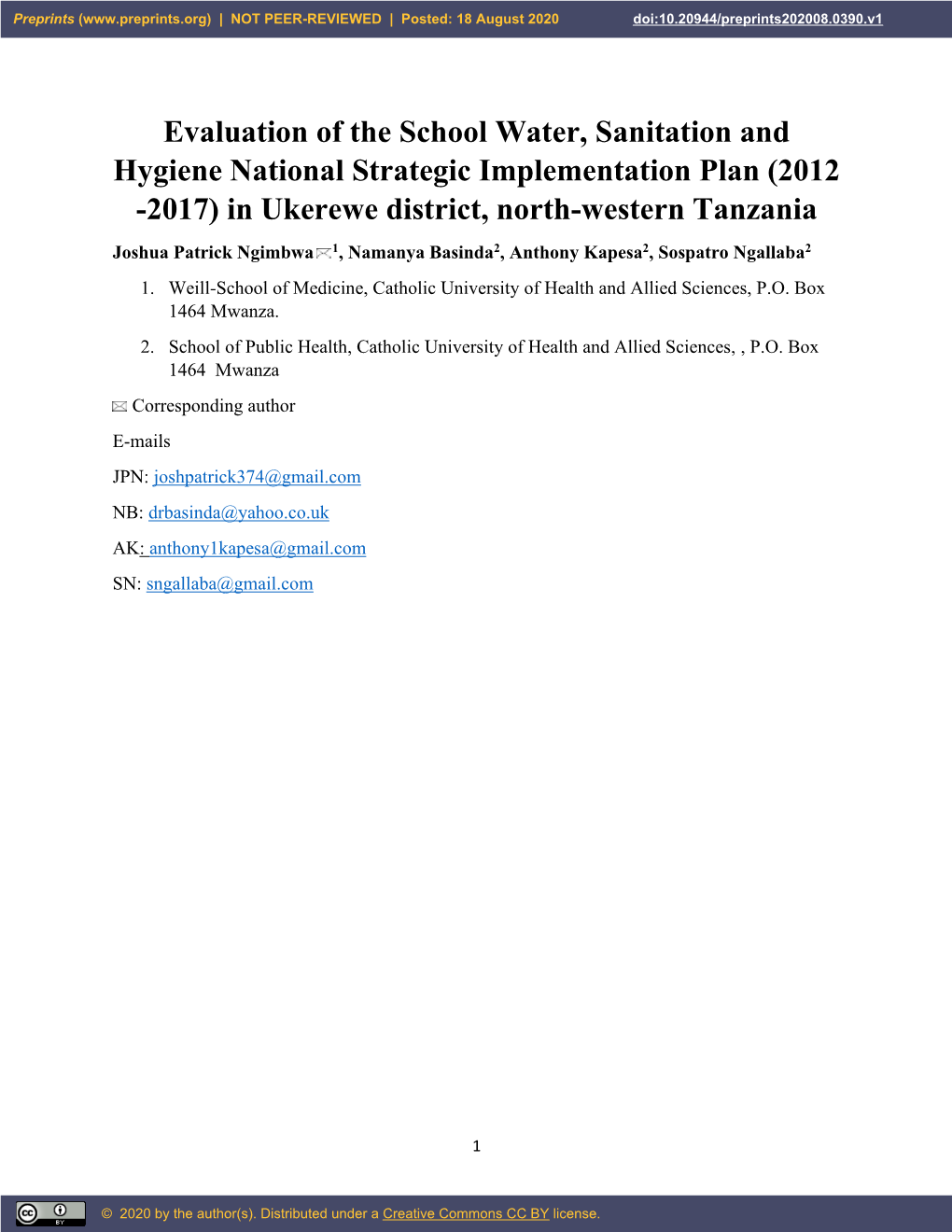 Evaluation of the School Water, Sanitation and Hygiene National Strategic Implementation Plan (2012 -2017) in Ukerewe District