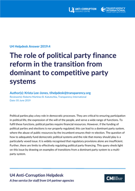 The Role of Political Party Finance Reform in the Transition from Dominant to Competitive Party