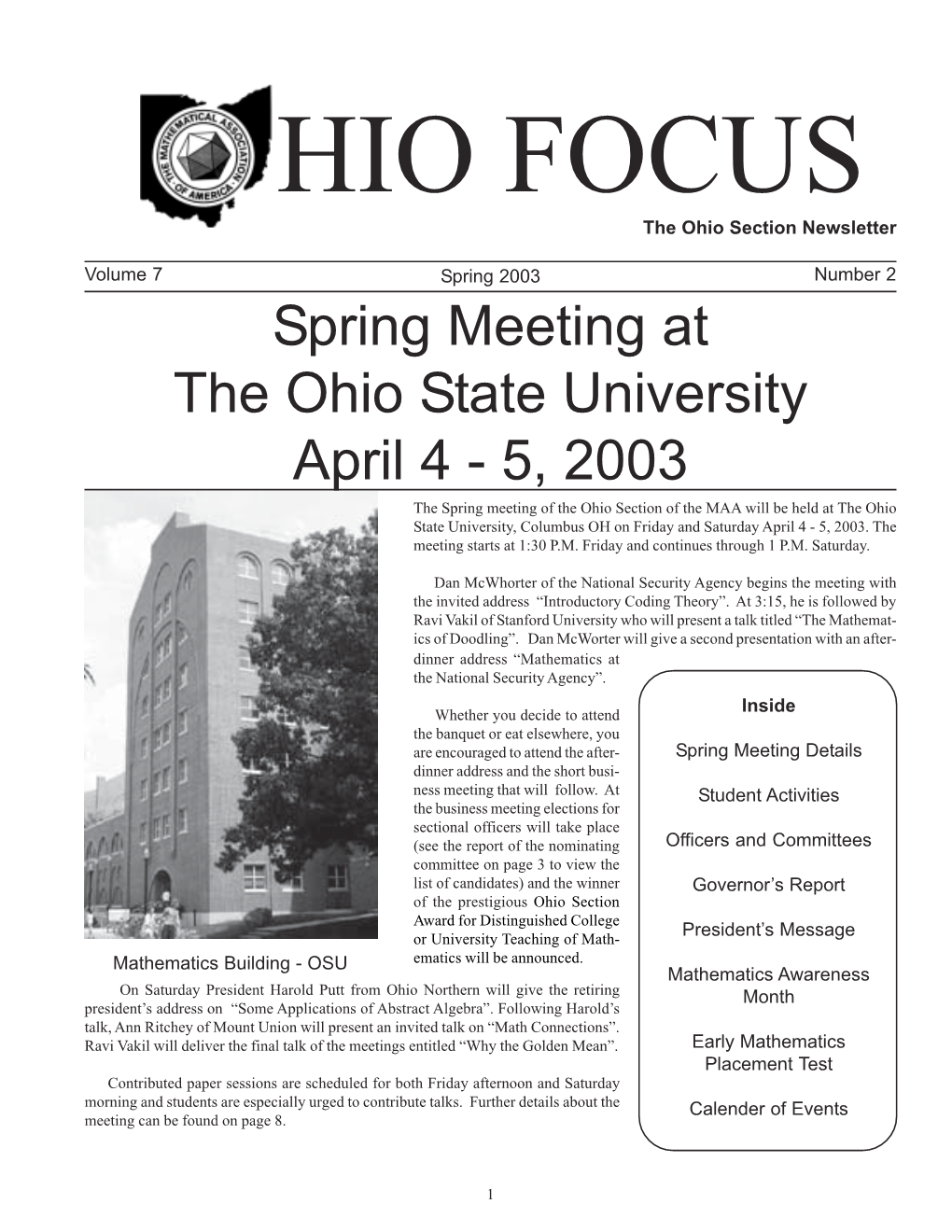 Spring Meeting at the Ohio State University April 4