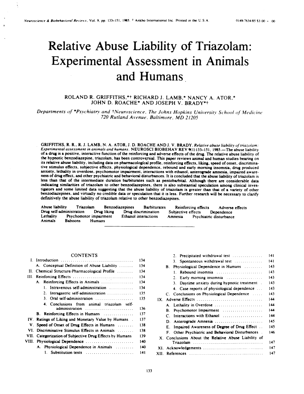 Article on Relative Abuse Liability of Triazolam