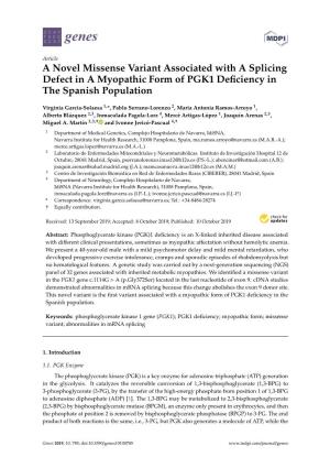 A Novel Missense Variant Associated with a Splicing Defect in a Myopathic Form of PGK1 Deﬁciency in the Spanish Population