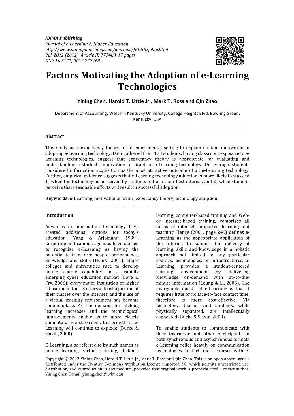 Factors Motivating the Adoption of E-Learning Technologies