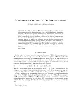 ON the TOPOLOGICAL COMPLEXITY of ASPHERICAL SPACES 1. Introduction in This Paper We Study a Numerical Topological Invariant TC(X