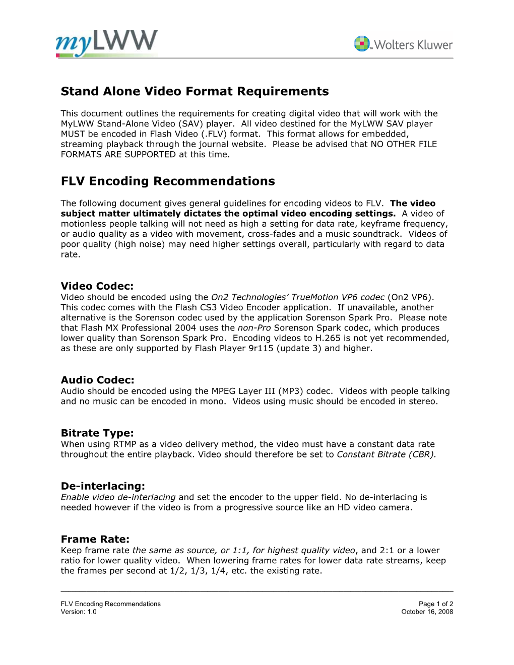 Stand Alone Video Format Requirements FLV Encoding