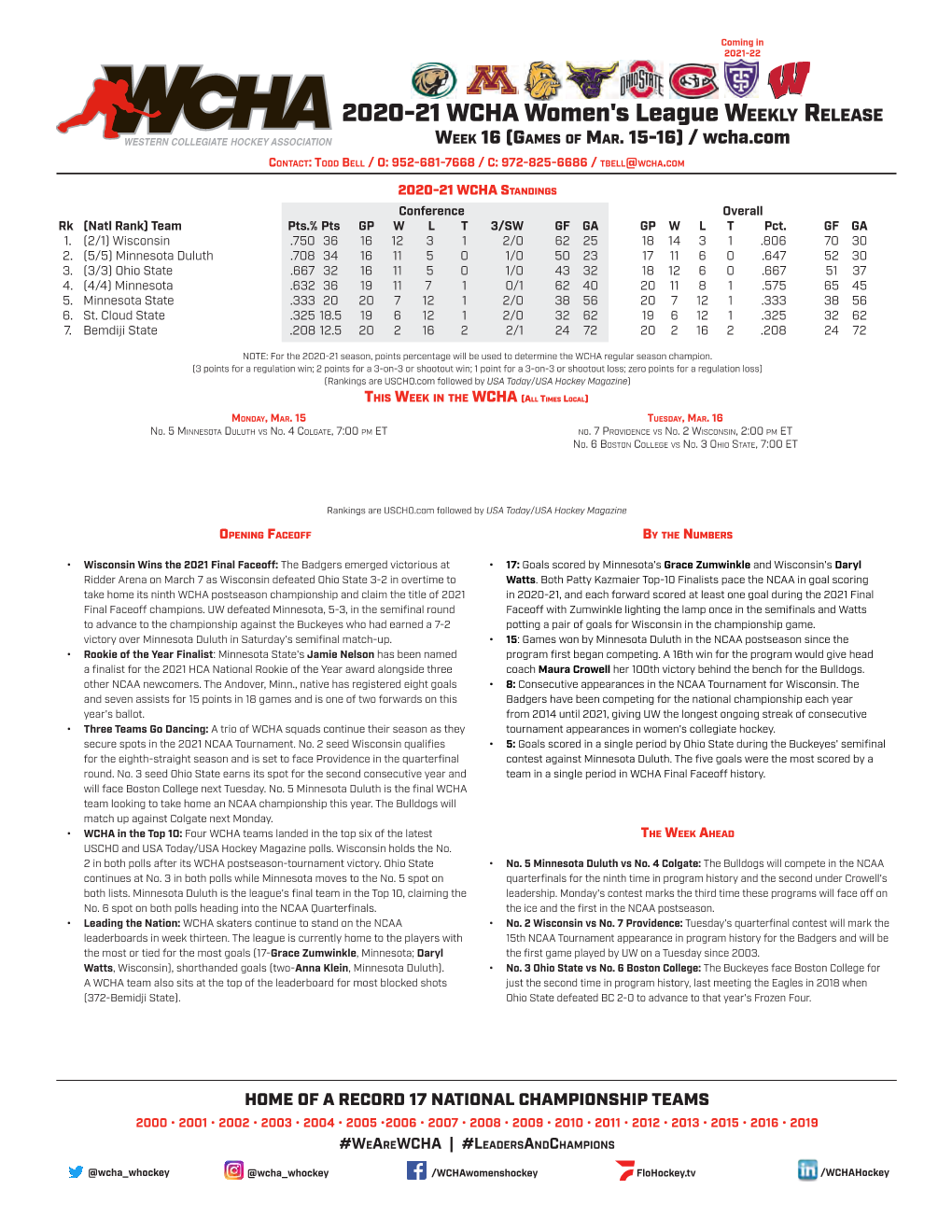 2020-21 WCHA Women's League Weekly Release Week 16 (Games of Mar