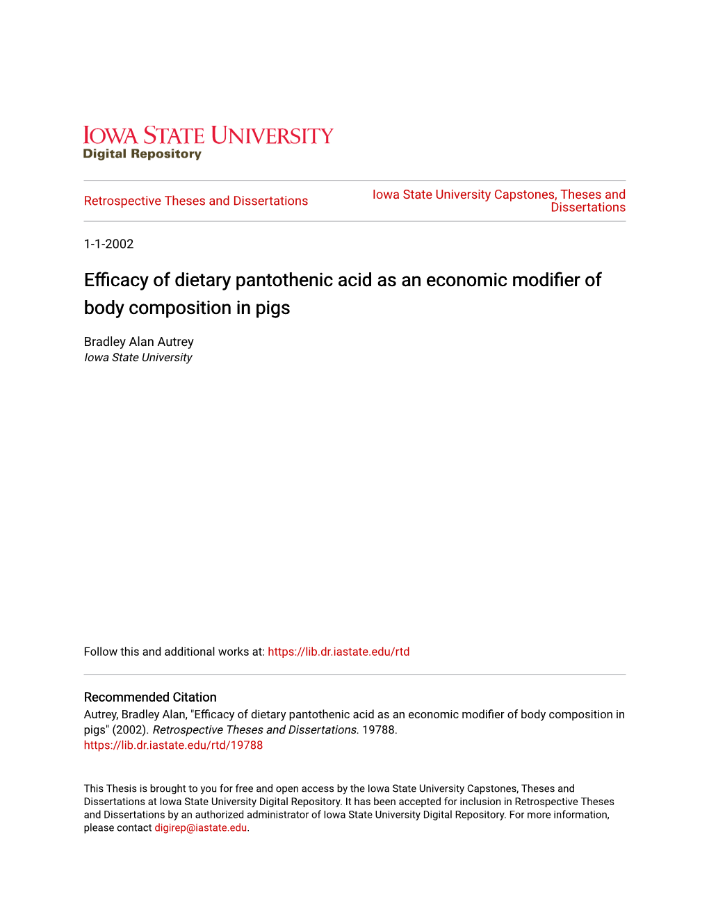 Efficacy of Dietary Pantothenic Acid As an Economic Modifier of Body Composition in Pigs