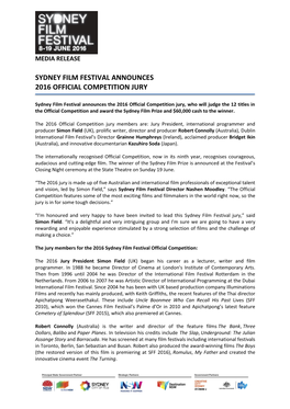 Sydney Film Festival Announces 2016 Official Competition Jury