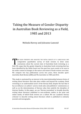 Taking the Measure of Gender Disparity in Australian Book Reviewing As a Field, 1985 and 2013