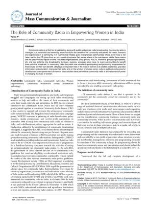 Community Radio in Empowering Women in India Yalala N* Assistant Professor (C) and Ph.D