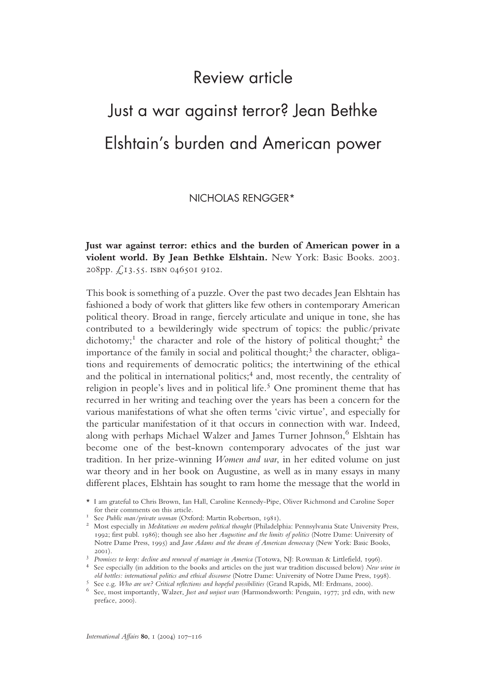 Review Article Just a War Against Terror? Jean Bethke Elshtain's