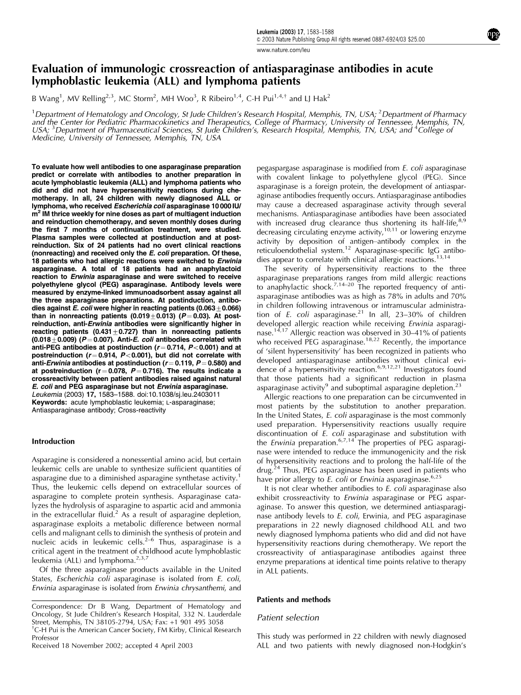 Evaluation of Immunologic Crossreaction of Antiasparaginase Antibodies in Acute Lymphoblastic Leukemia (ALL) and Lymphoma Patien