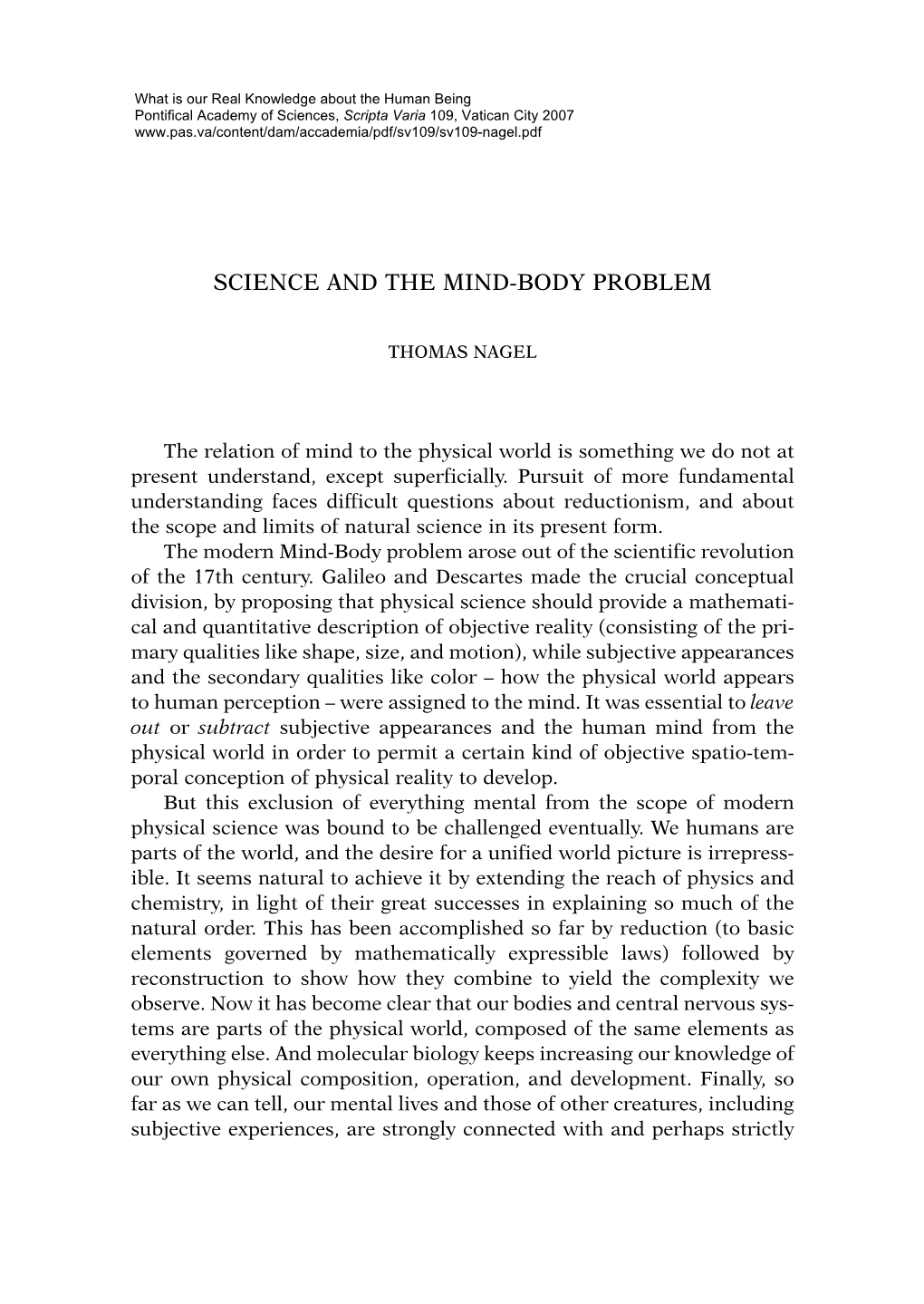 Science and the Mind-Body Problem