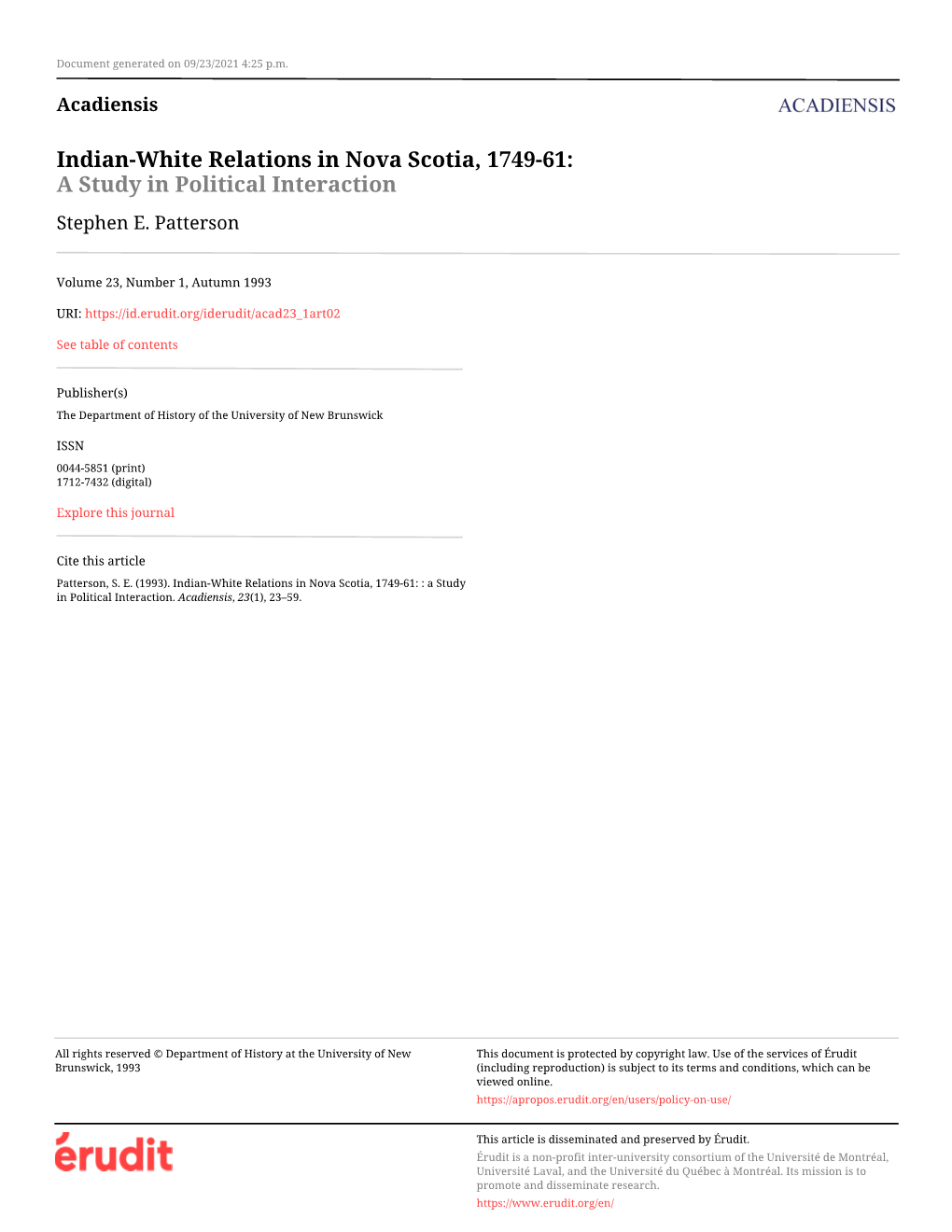 Indian-White Relations in Nova Scotia, 1749-61: a Study in Political Interaction Stephen E