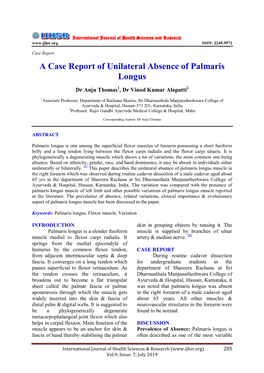 A Case Report of Unilateral Absence of Palmaris Longus