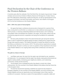Final Declaration by the Chair of the Conference on the Western Balkans